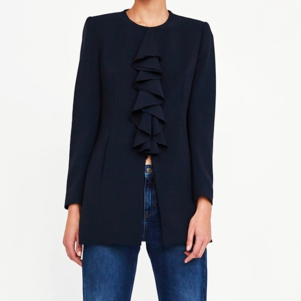 Zara Dark Navy Blue Front Frill Frock Coat Size M, Mini length